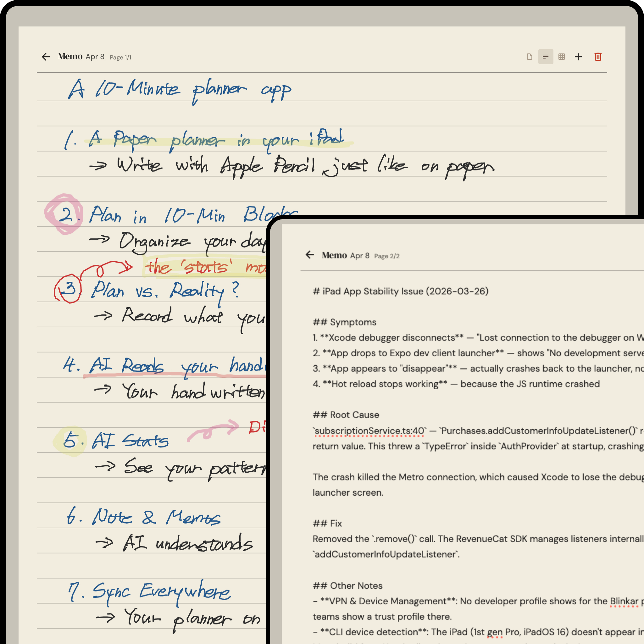 Handwritten todo list with AI-recognized text appearing as labeled time blocks