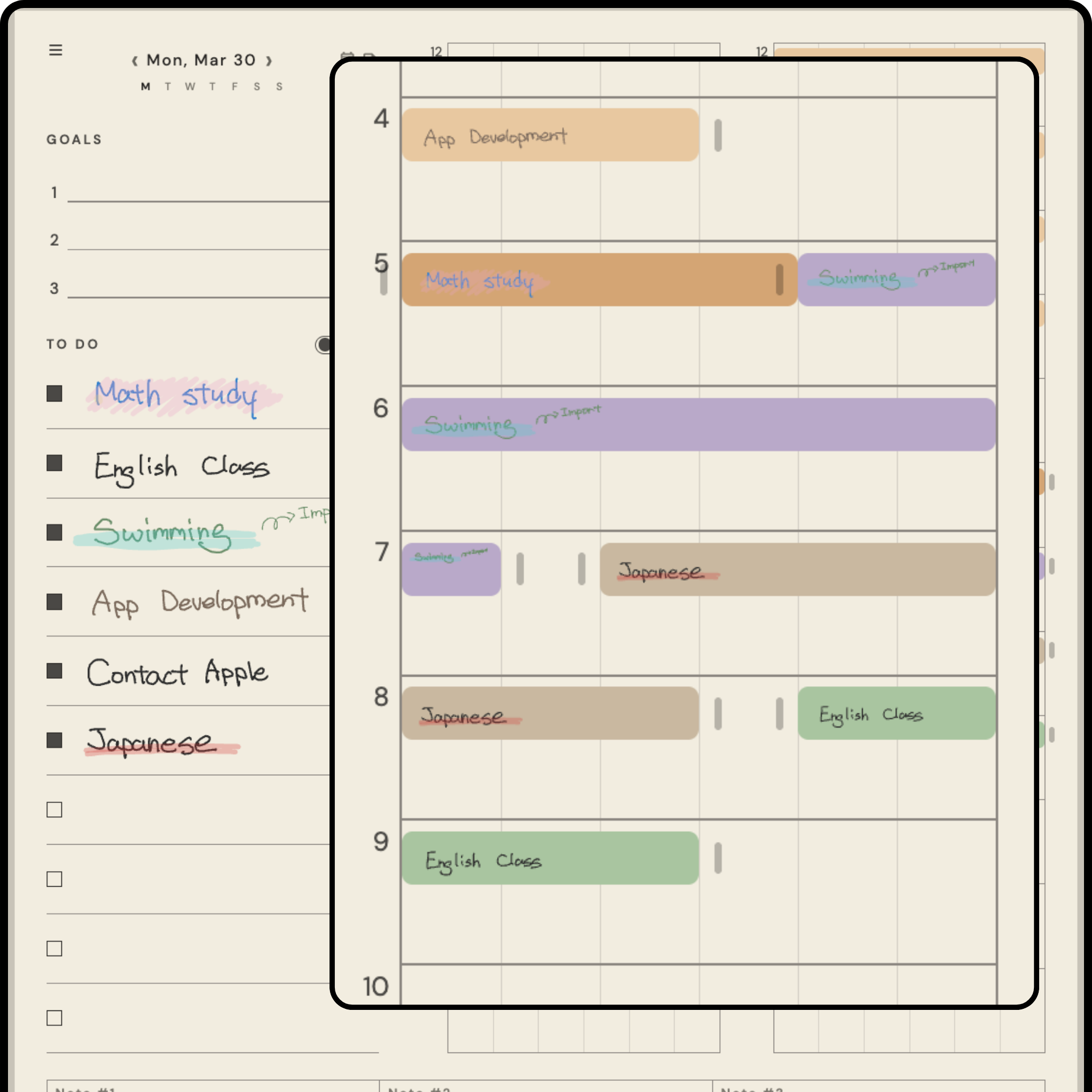 Planner timetable showing 10-minute time blocks with color-coded activities